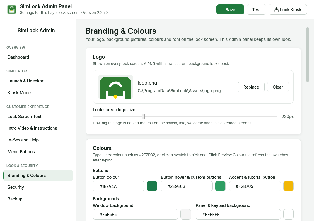 Admin panel, Branding & Colours page