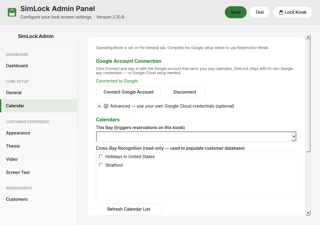 Admin panel, Calendar tab