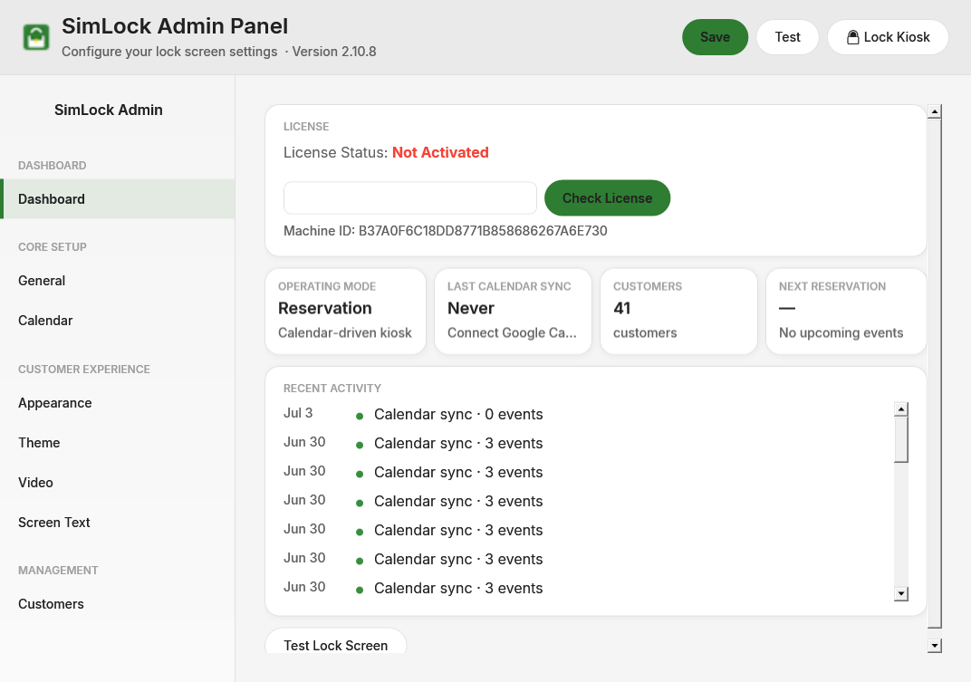 SimLock Admin dashboard with license, calendar and next-reservation cards and a recent activity list