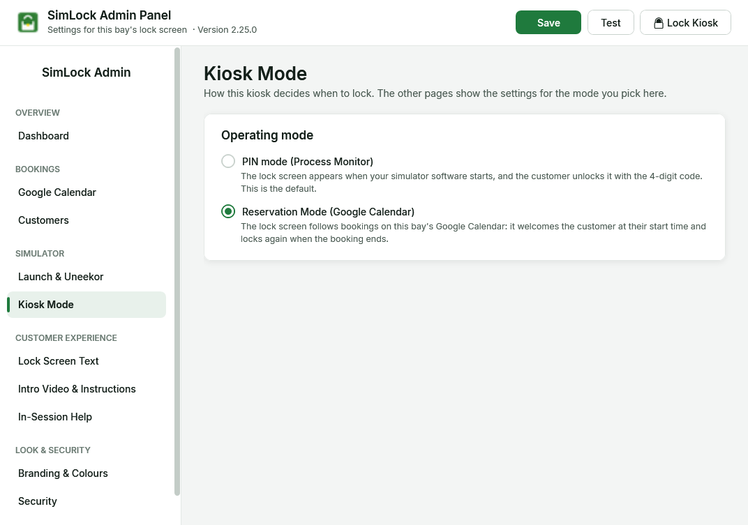 Admin panel, Kiosk Mode page in Reservation Mode