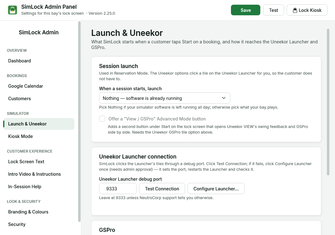 Admin panel, Launch & Uneekor page