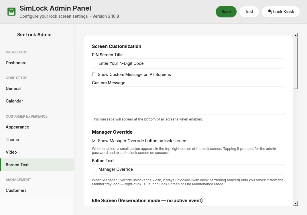 Admin panel, Screen Text tab in reservation mode