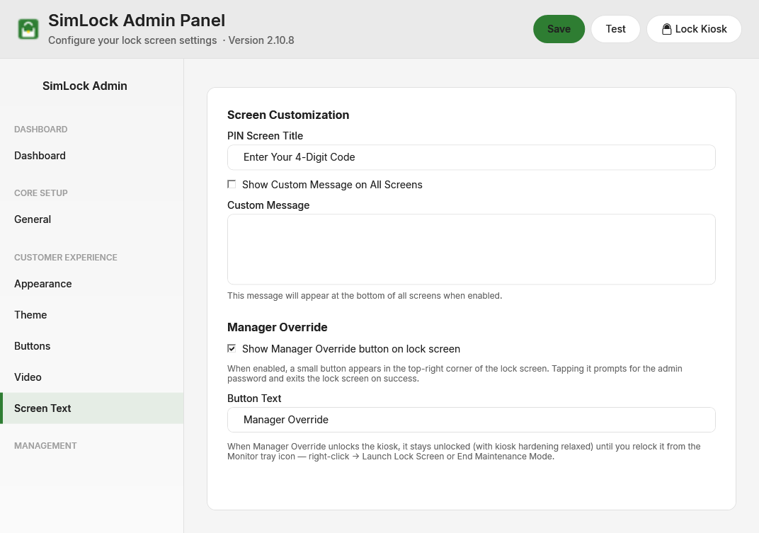 Admin panel, Screen Text tab