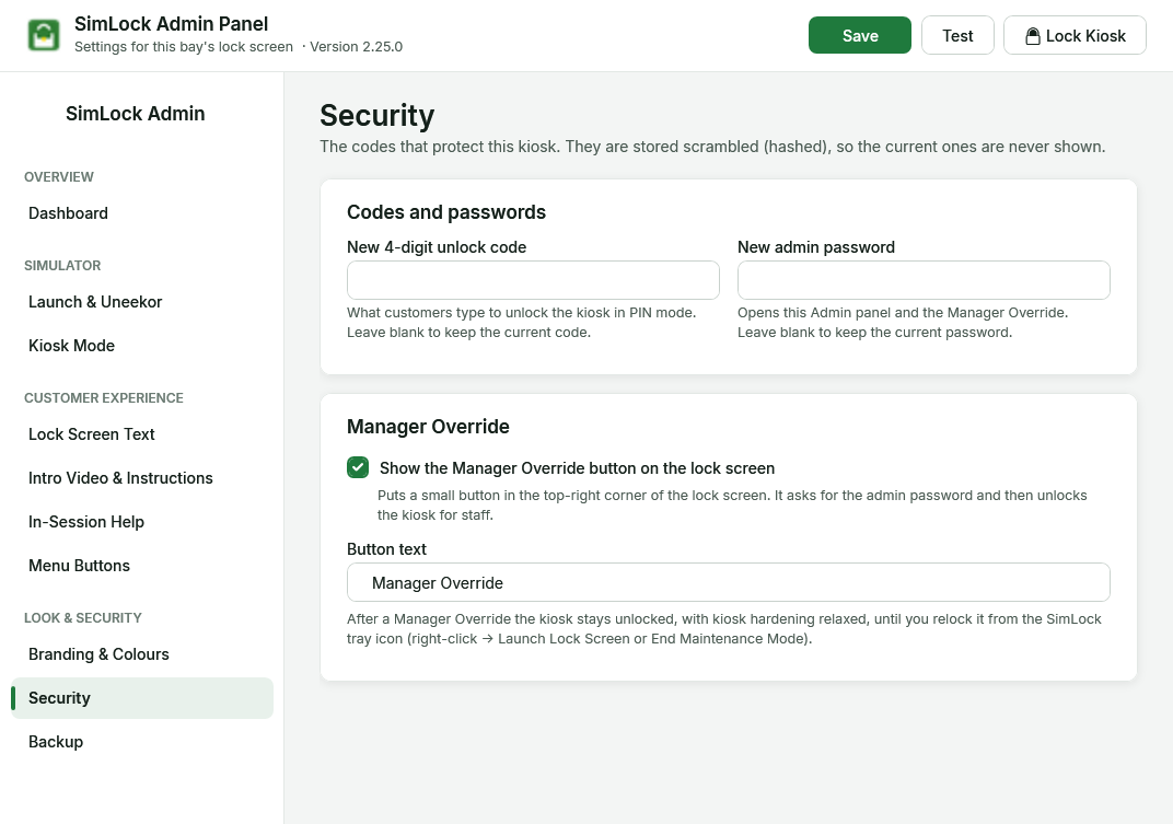 Admin panel, Security page