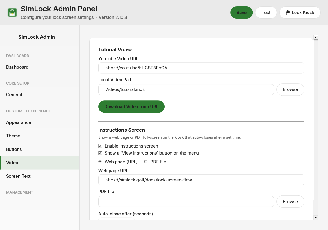 Admin panel, Video tab