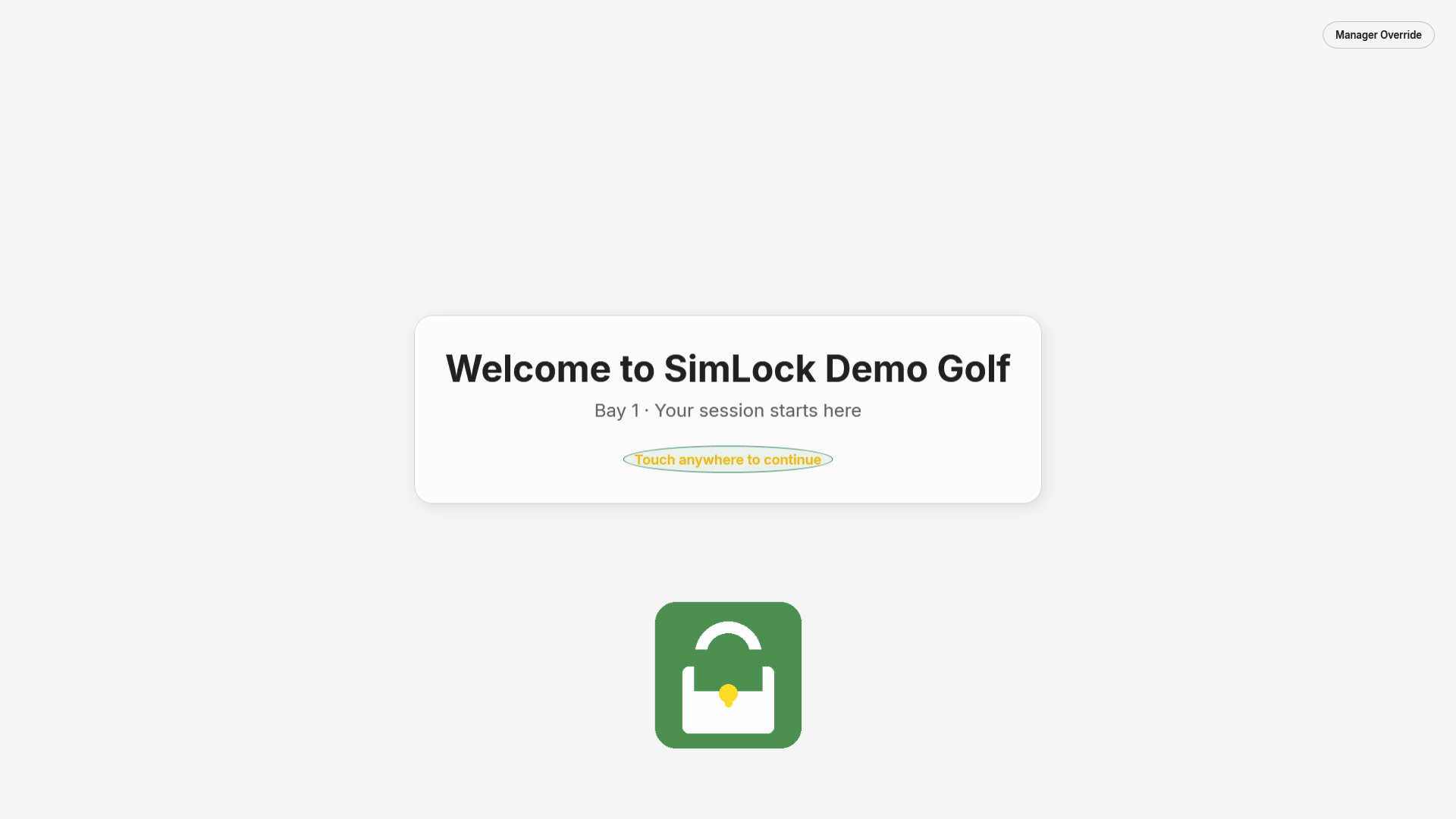 SimLock lock screen showing a facility welcome title, logo and a Tap to start button