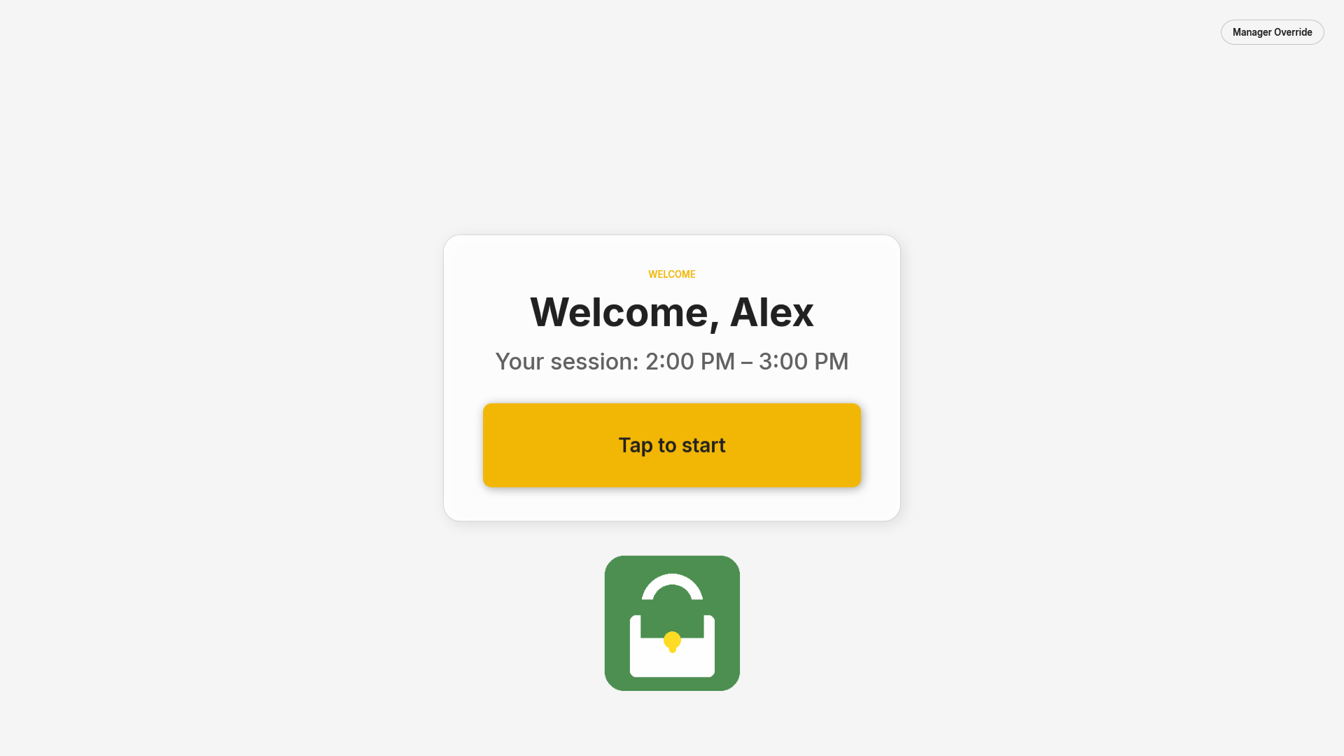 Welcome screen greeting a booked golfer by first name with their session time and a Tap to start button